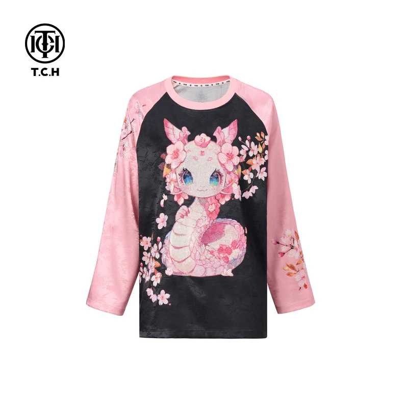 TCH生肖卡通烫钻拼色休闲时尚宽松圆领长袖T恤T75A086002私服tch