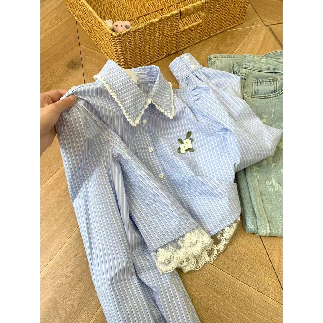 法式chic时尚碎花刺绣条纹衬衫女春秋新款独特蕾丝边短款上衣外套