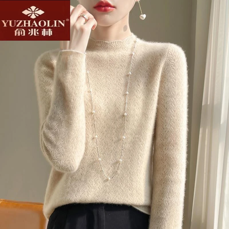 俞兆林半高领镂空毛衣女秋冬2024新款洋气大码100纯羊毛