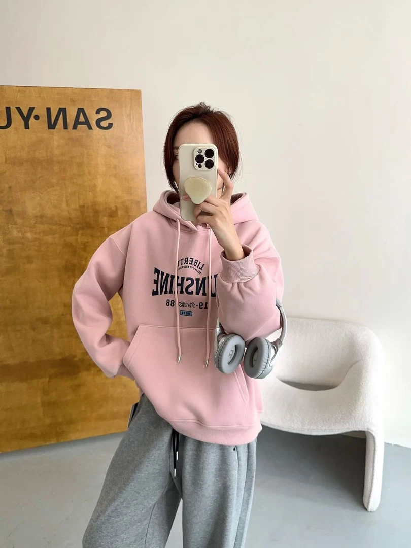 加绒加厚款连帽卫衣女长袖原宿风日系套头卫衣女韩版宽松百搭潮