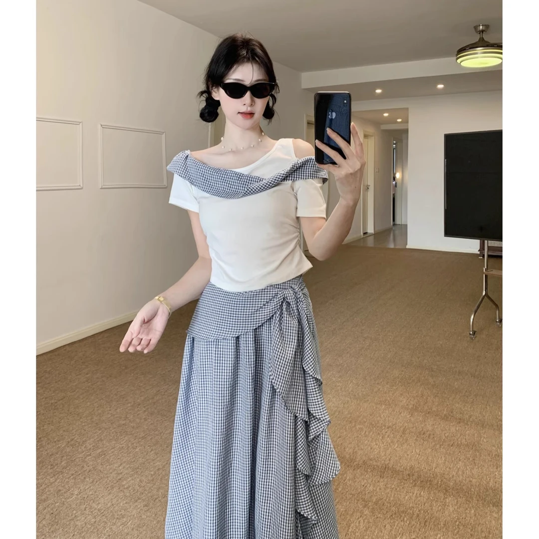 甜酷少女斜肩露肩短袖T恤洋气设计感不对称格子半身裙夏季两件套