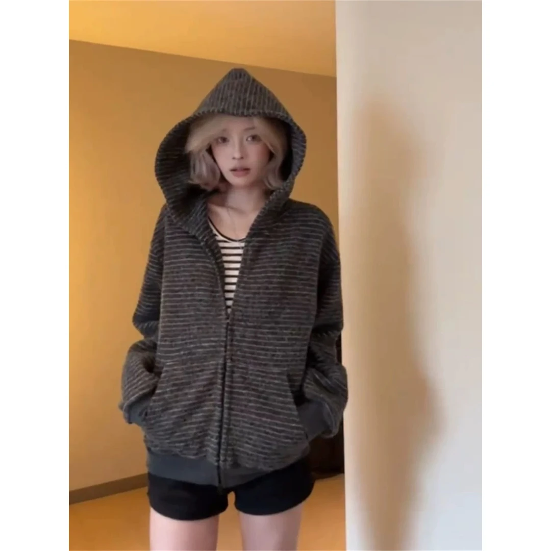 条纹连帽拉链外套小众休闲宽松美式开衫卫衣