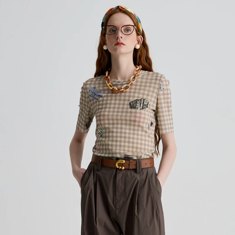 谜底T恤短袖女2025夏季新品复古风日常紧身X型薄款上衣252MT0679