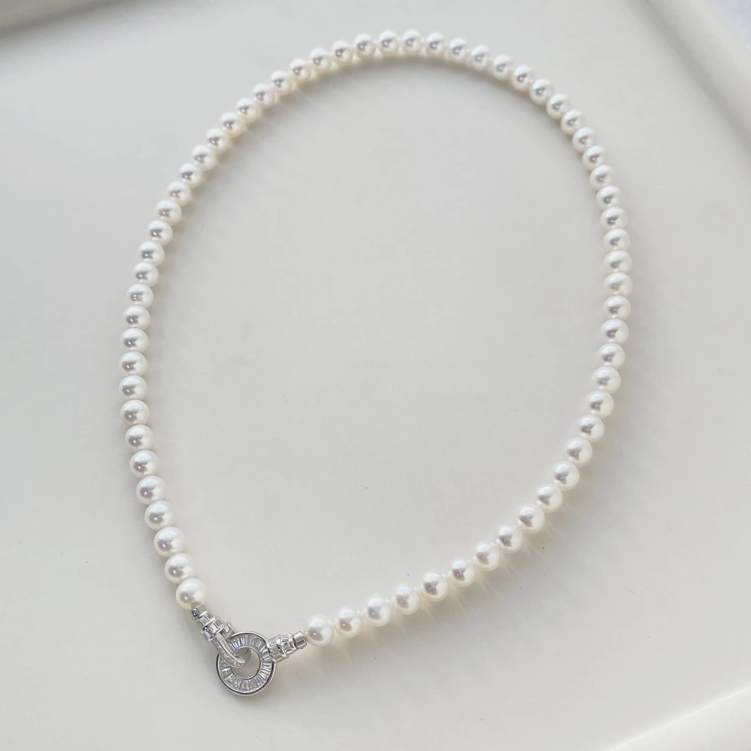 A01冰川雪珍珠项链女S925银正圆无暇极光6mm淡水天然珍珠锁骨链