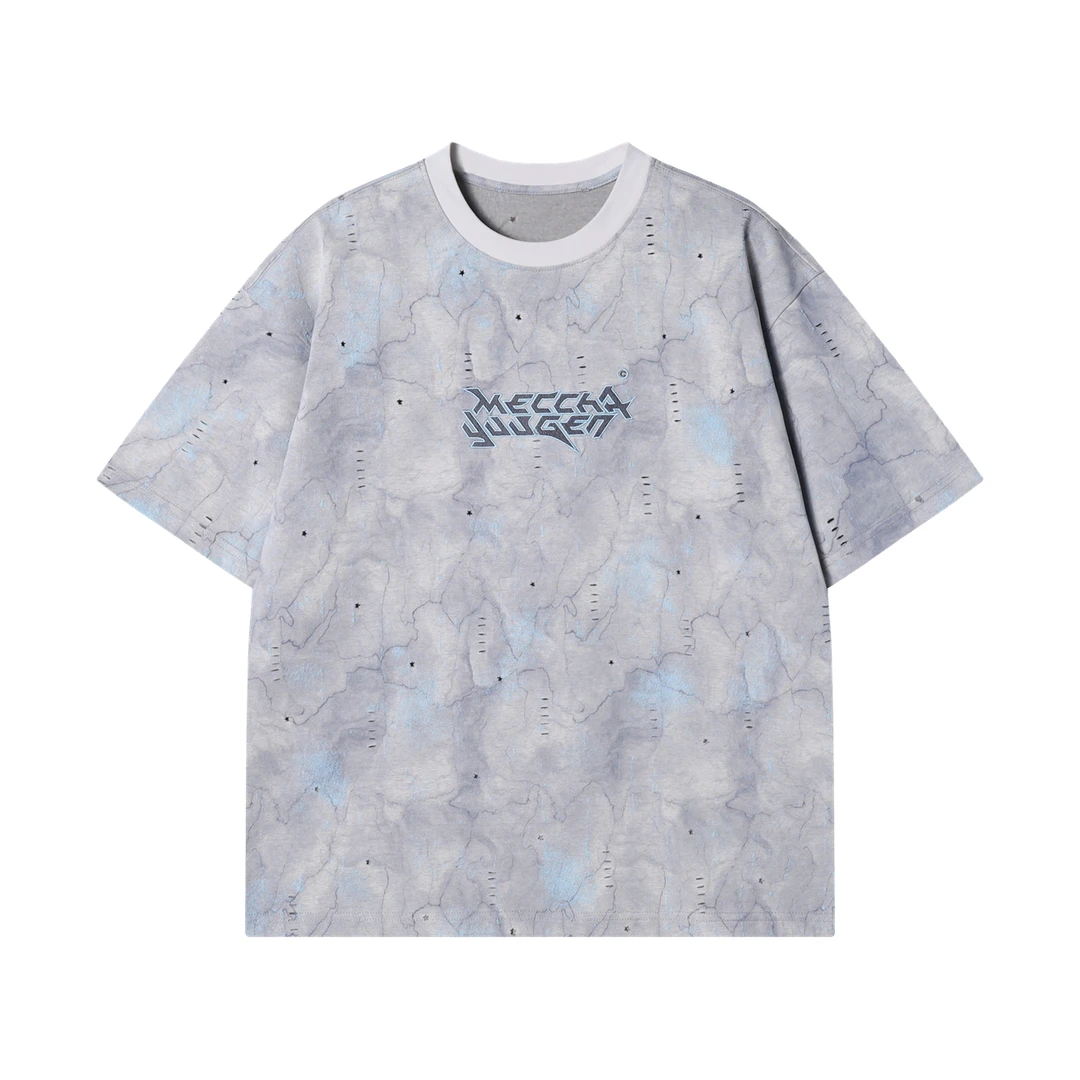 夏季高级感新款美式裂纹破洞刺绣圆领短袖T恤休闲百搭情侣上衣