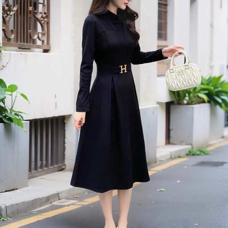 秋冬假两件连衣裙高级感名媛气质收腰显瘦拼接长袖中长裙#027
