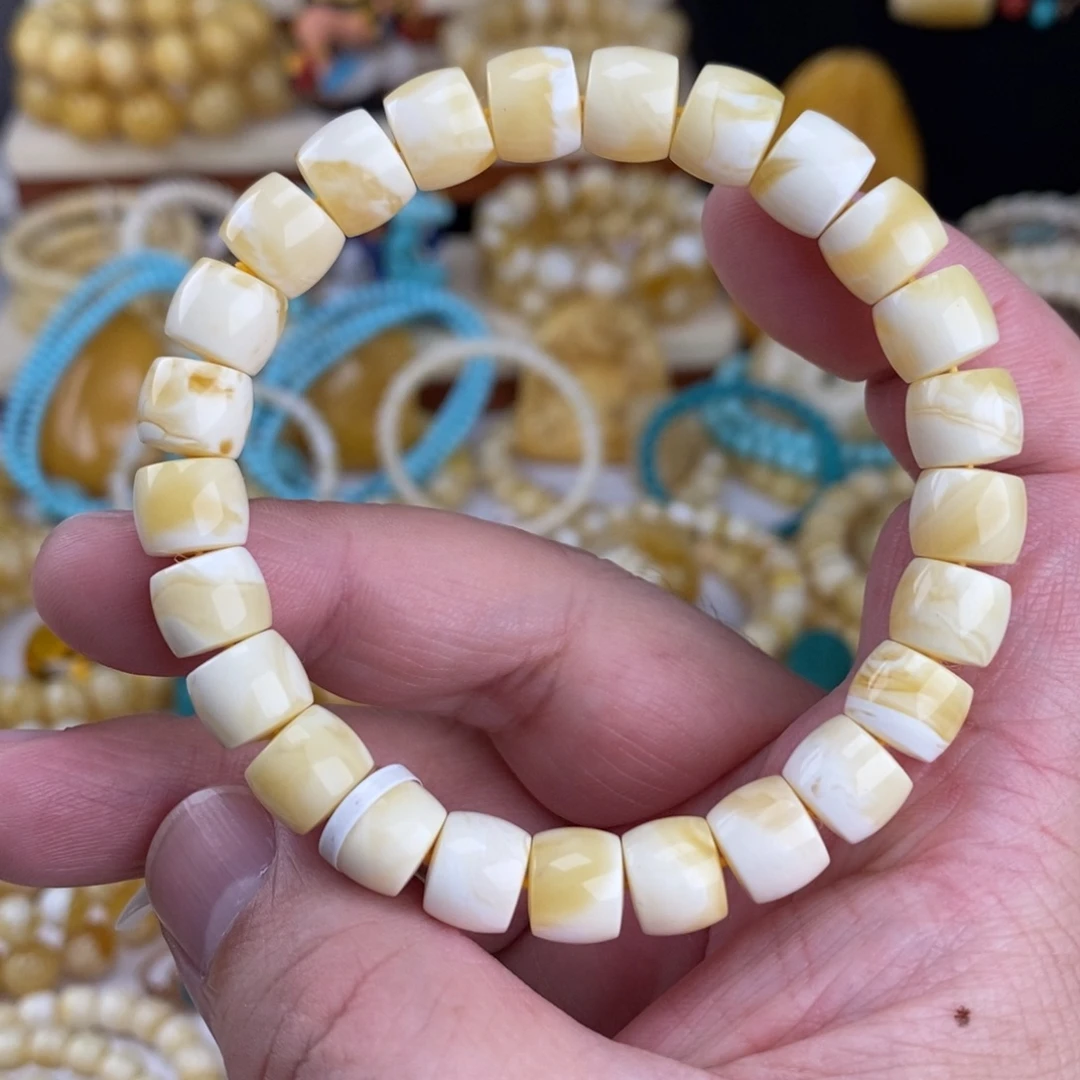 蜜蜡未镶嵌手链瓷白白蜡妖花9.6mm直切