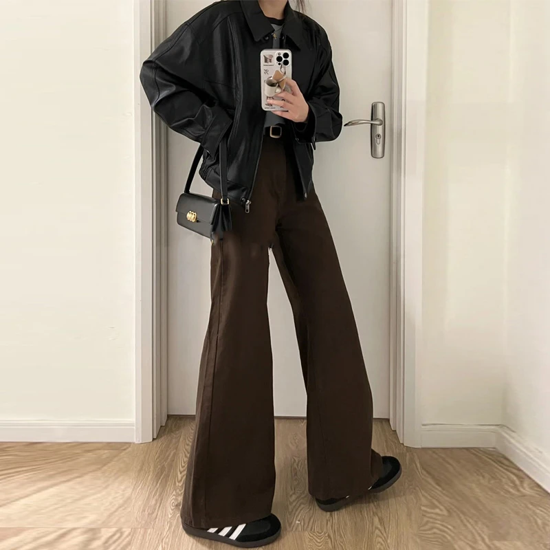 美拉德咖啡色微喇牛仔裤女2025秋冬宽松高腰显瘦弹力阔腿马蹄裤子