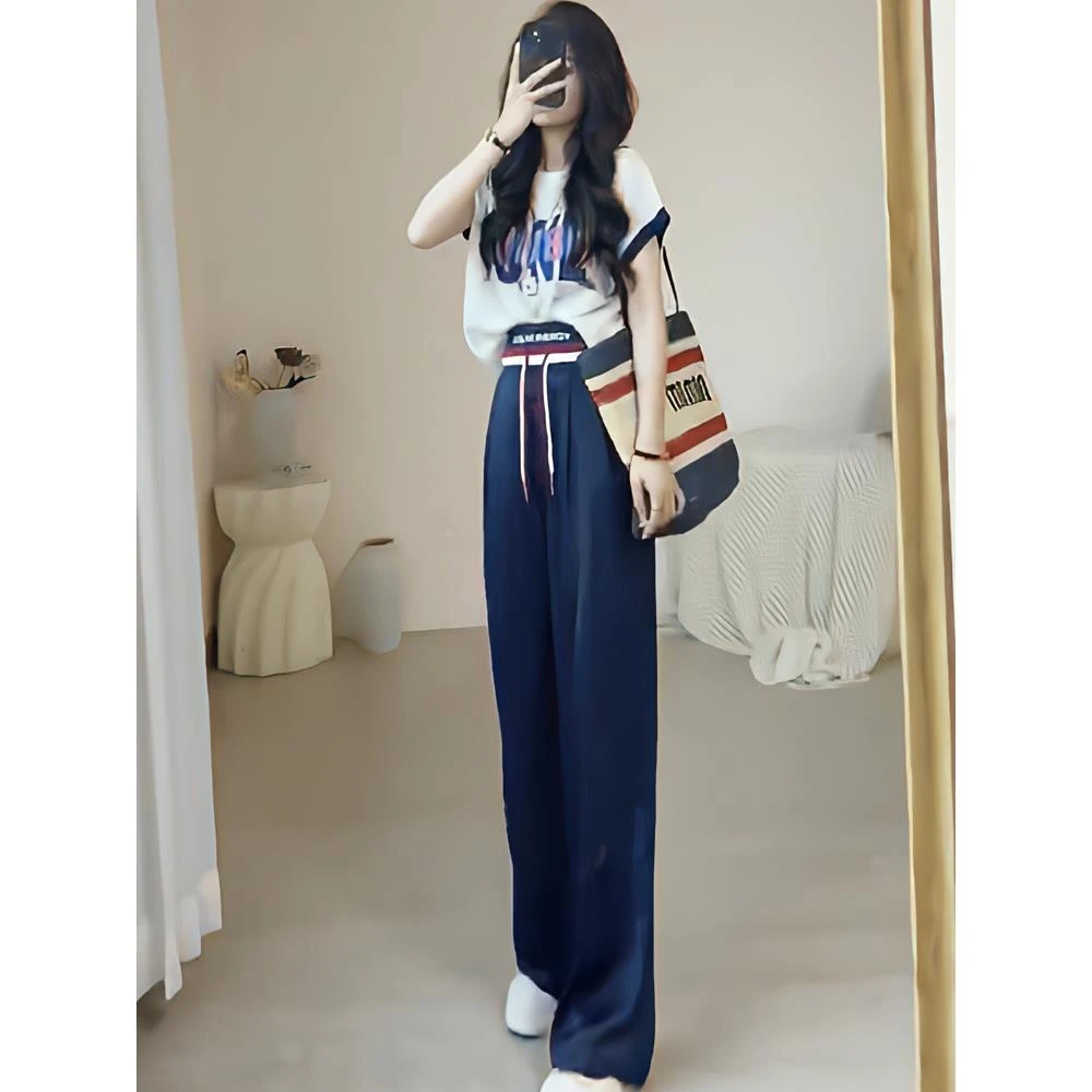 欧货夏季短袖运动套装女2025新款时尚洋气垂感休闲阔腿裤两件套潮