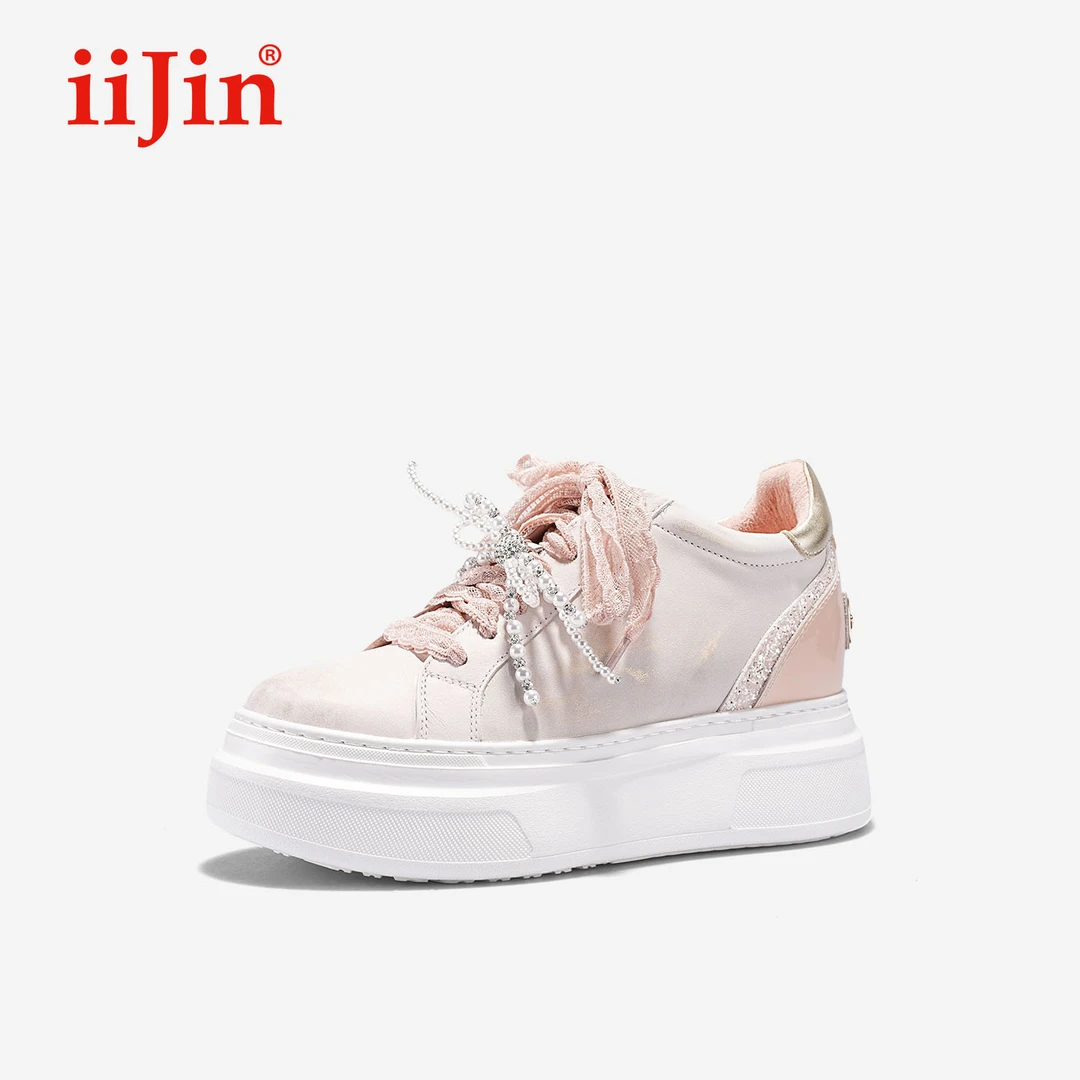 iiJin艾今25秋新品9cm厚底内增高超轻擦色蝴蝶结休闲板鞋女291GNL