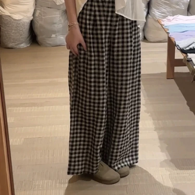 【格子裤】夏季新款松紧腰微胖休闲显瘦直筒拖地格子裤女