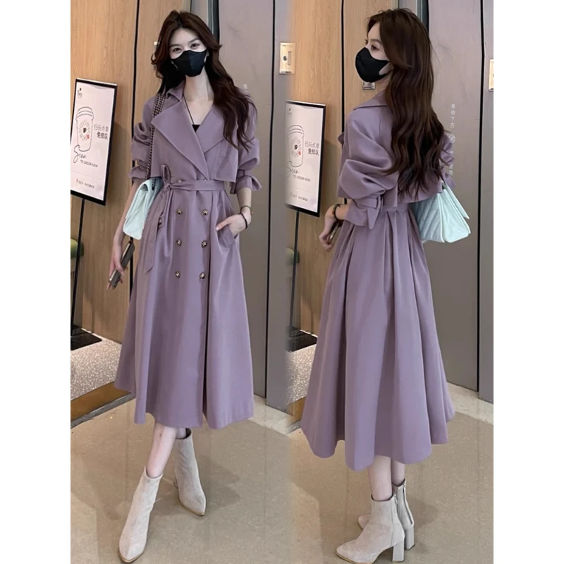 拉夏贝尔风衣外套女2025春秋季新款显瘦收腰中长款过膝双排扣大衣