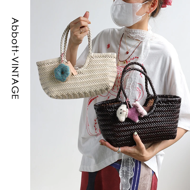 AbbottVINTAGE【小板栗包】复古植鞣牛皮编织手提斜挎度假包菜篮