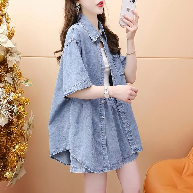 爆款女装慵懒风复古甜辣风牛仔衬衫短裤两件套女春夏宽松休闲套装