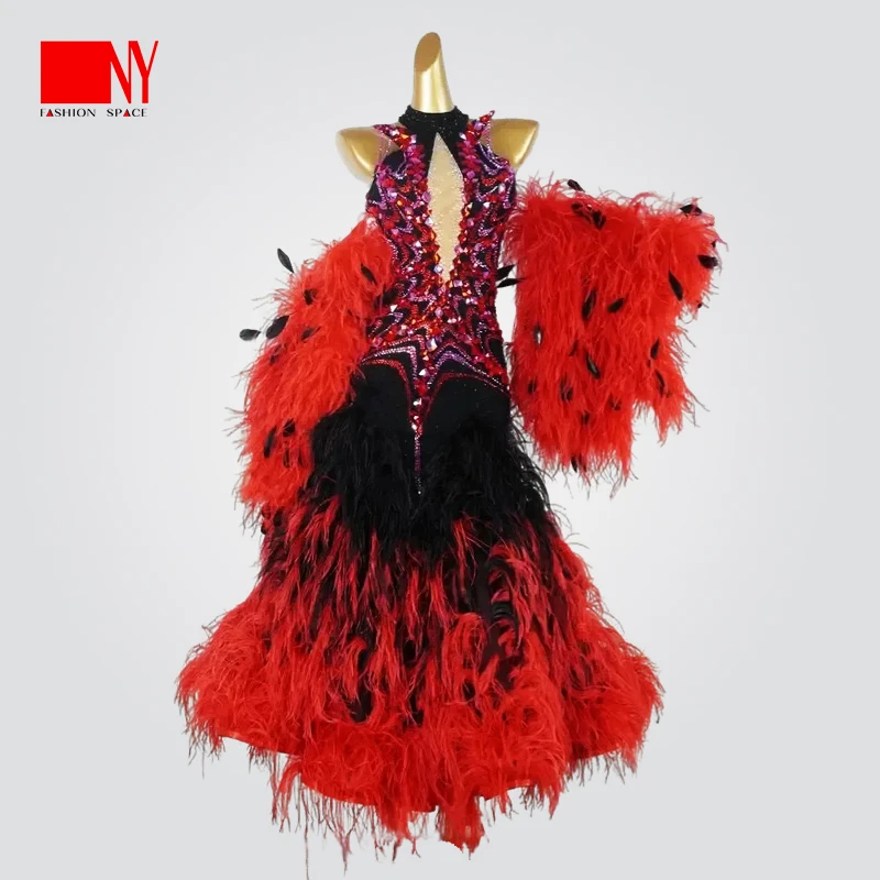 NY纳艺重工摩登舞高档比赛连衣裙莱卡雪纺时尚时尚黑红色演出服