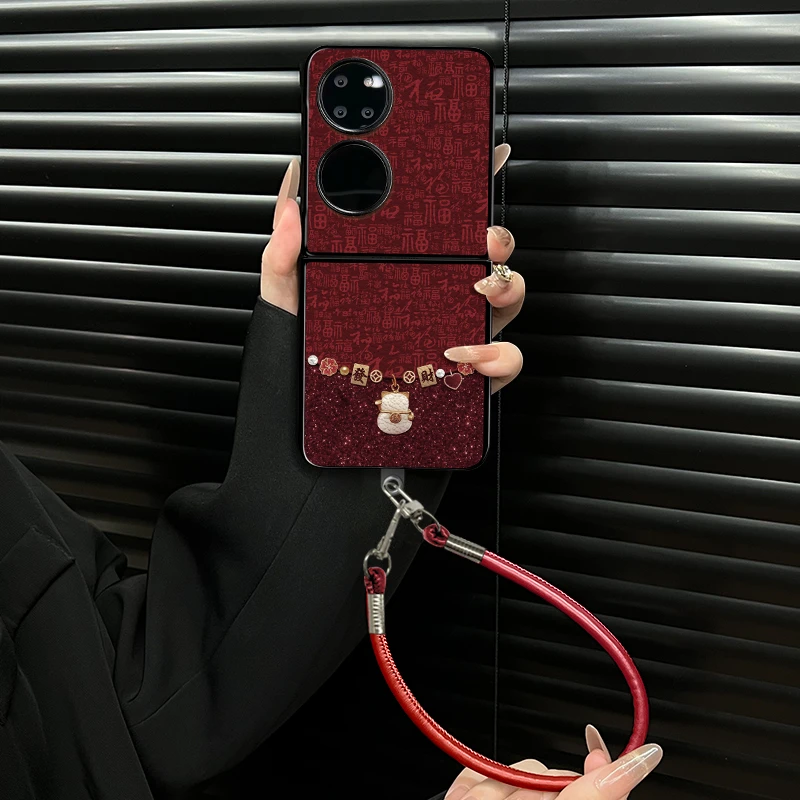 适用华为pockets手机喜庆招财猫小羊皮折叠壳全包简约保护套