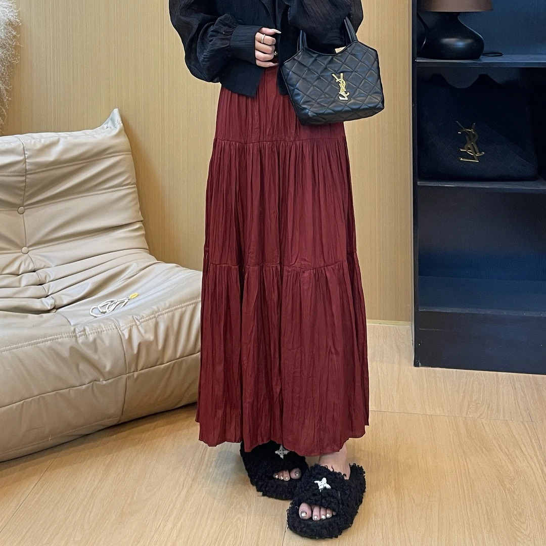 法式浪A字版型竖条压褶半身裙轻奢百搭