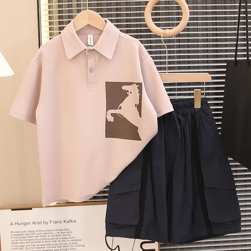 童装polo衫男童夏装套装2025新款儿童夏季珠地棉两件套宽松帅气潮