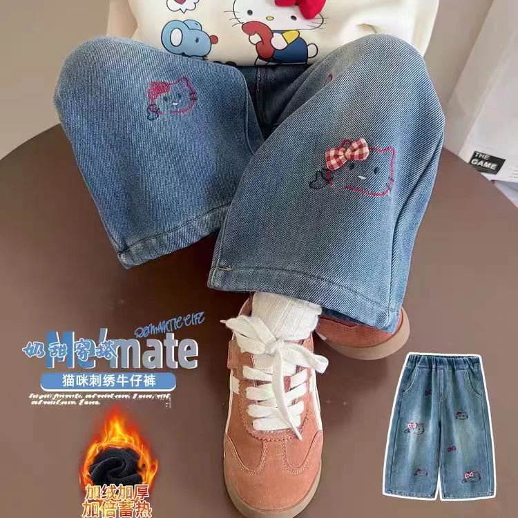 NZ016女童冬季加绒特厚猫咪蝴蝶结直筒裤牛仔裤