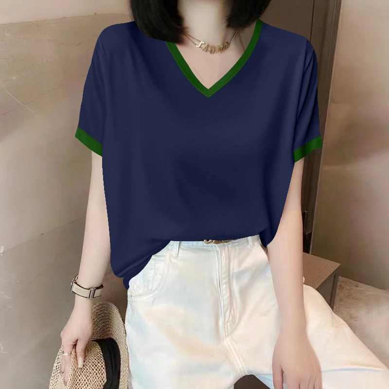 拼接设计感领纯棉短袖恤女夏季2025新款撞色打底衫气质百搭上衣