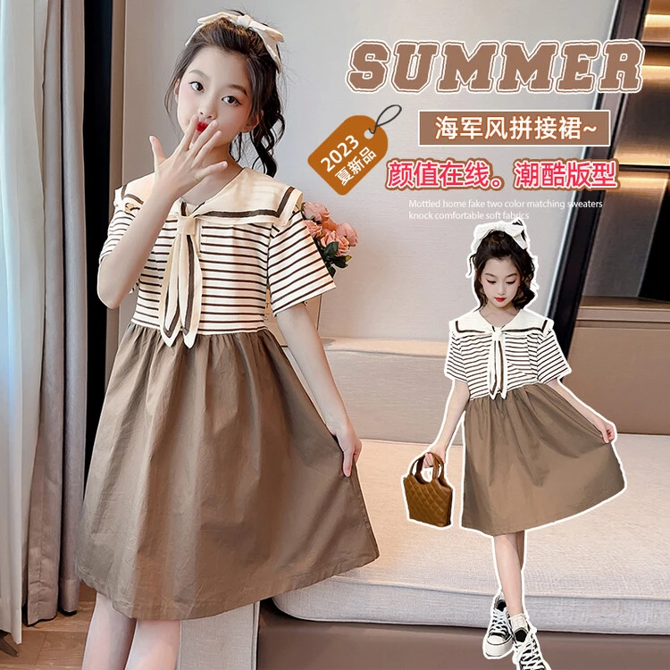 潮酷海军短袖裙子潮款小公主中小童薄款裙沙滩夏天夏款时髦新孩裙