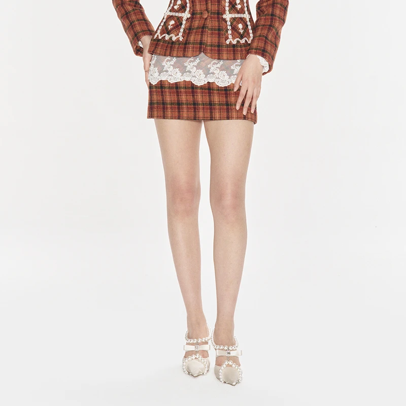 【陈大可专属】LE FAME/拉飞姆重工珍珠钉珠蕾丝装饰格纹半裙