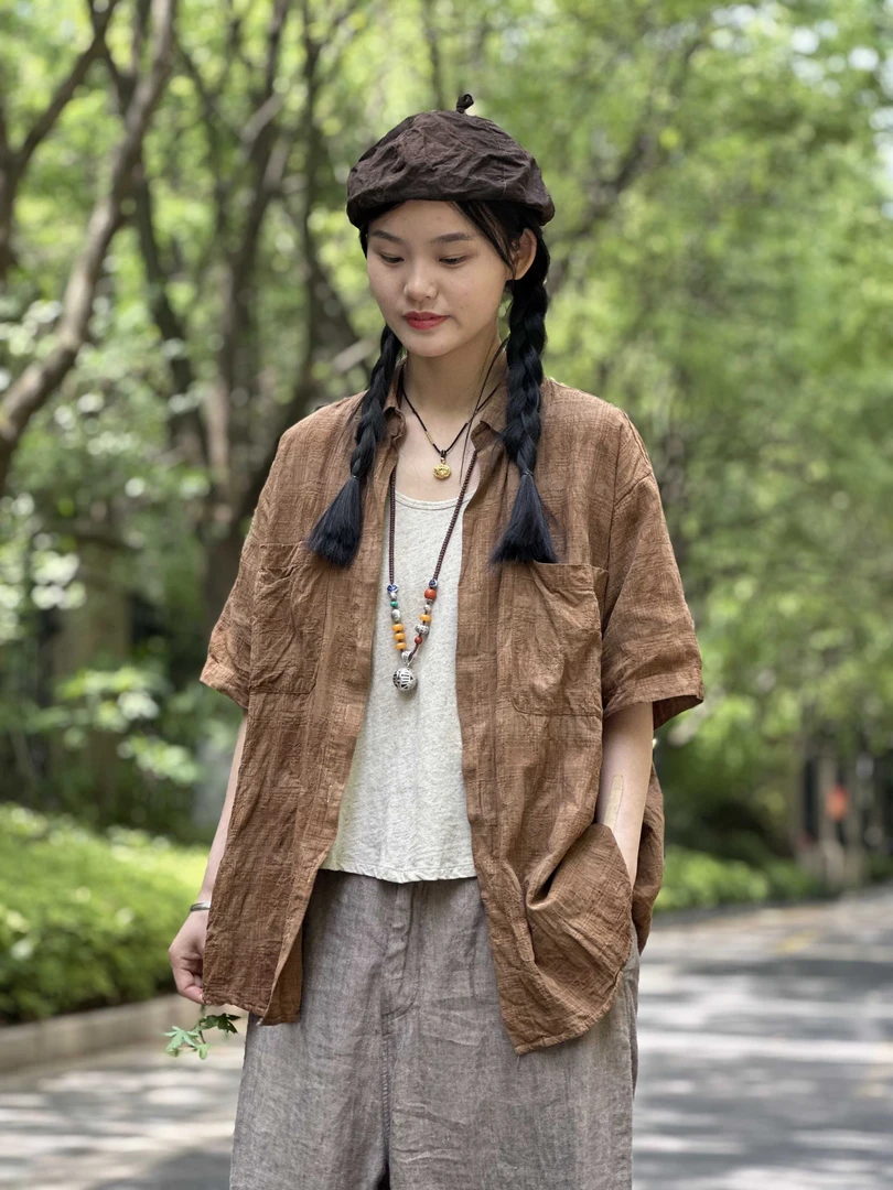 昔玙220713  柿染复古文艺 提花衬衫 前衣长72后衣长78胸围120