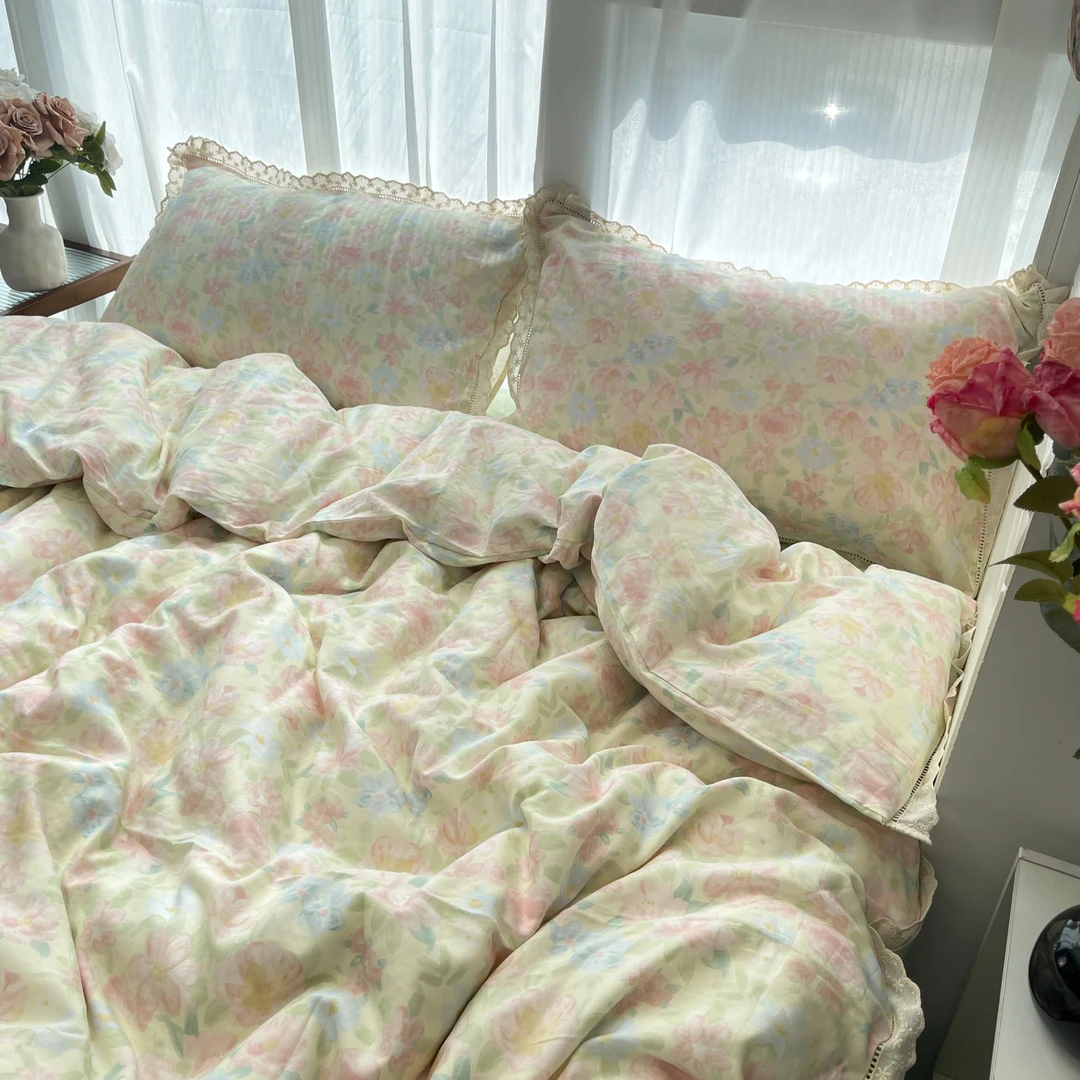 清新小花边全棉有氧双层纱四件套少女心学生宿舍三件套纯棉床品