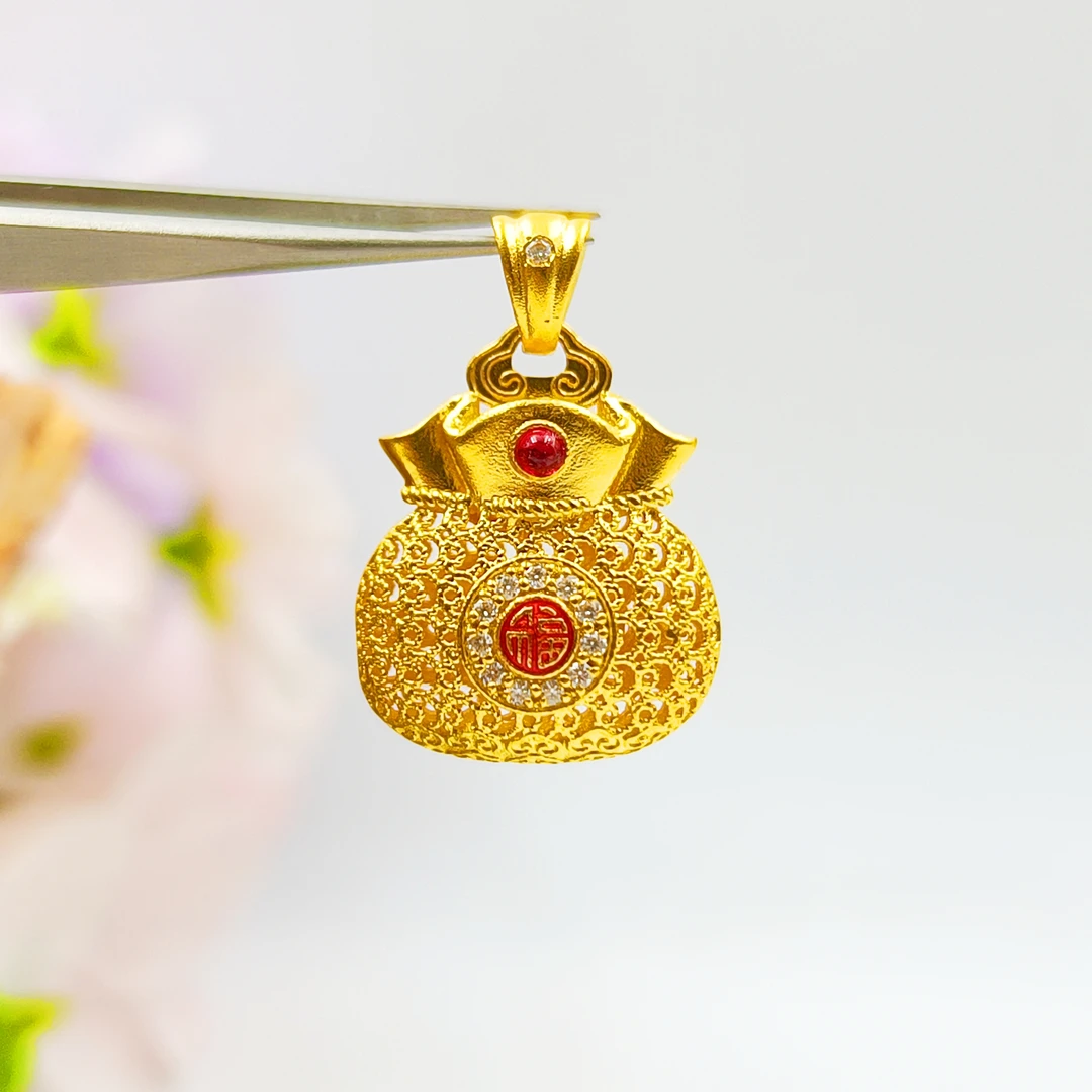 足金999 镶嵌古法麒麟纳福福袋吊坠 按克卖 A1