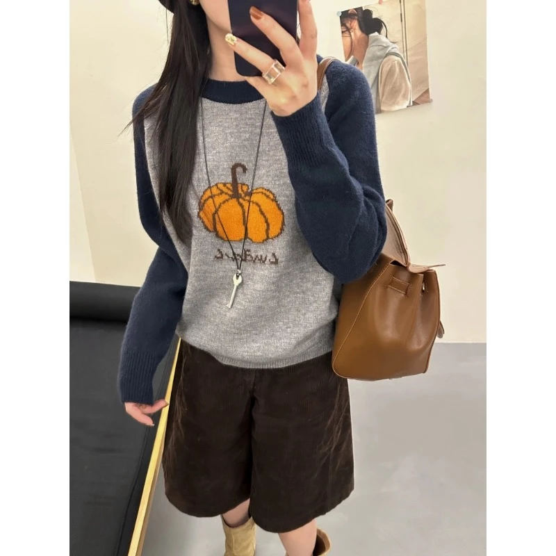 南瓜提花撞色减龄2025秋冬韩系显瘦宽松毛衣女长袖针织衫套头