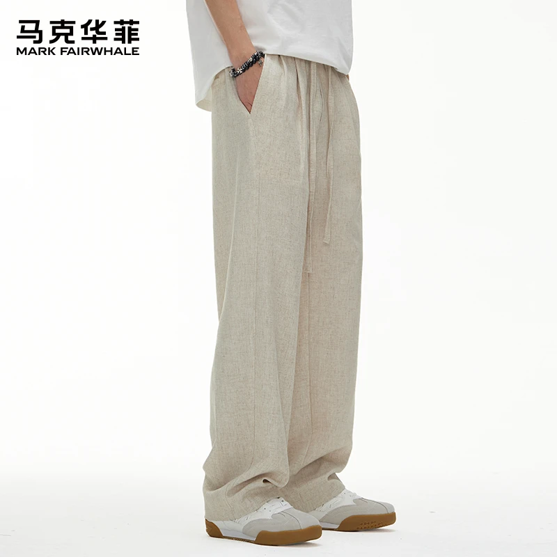 马克华菲夏季薄款亚麻凉感休闲裤男士新款宽松直筒男裤美式长裤子
