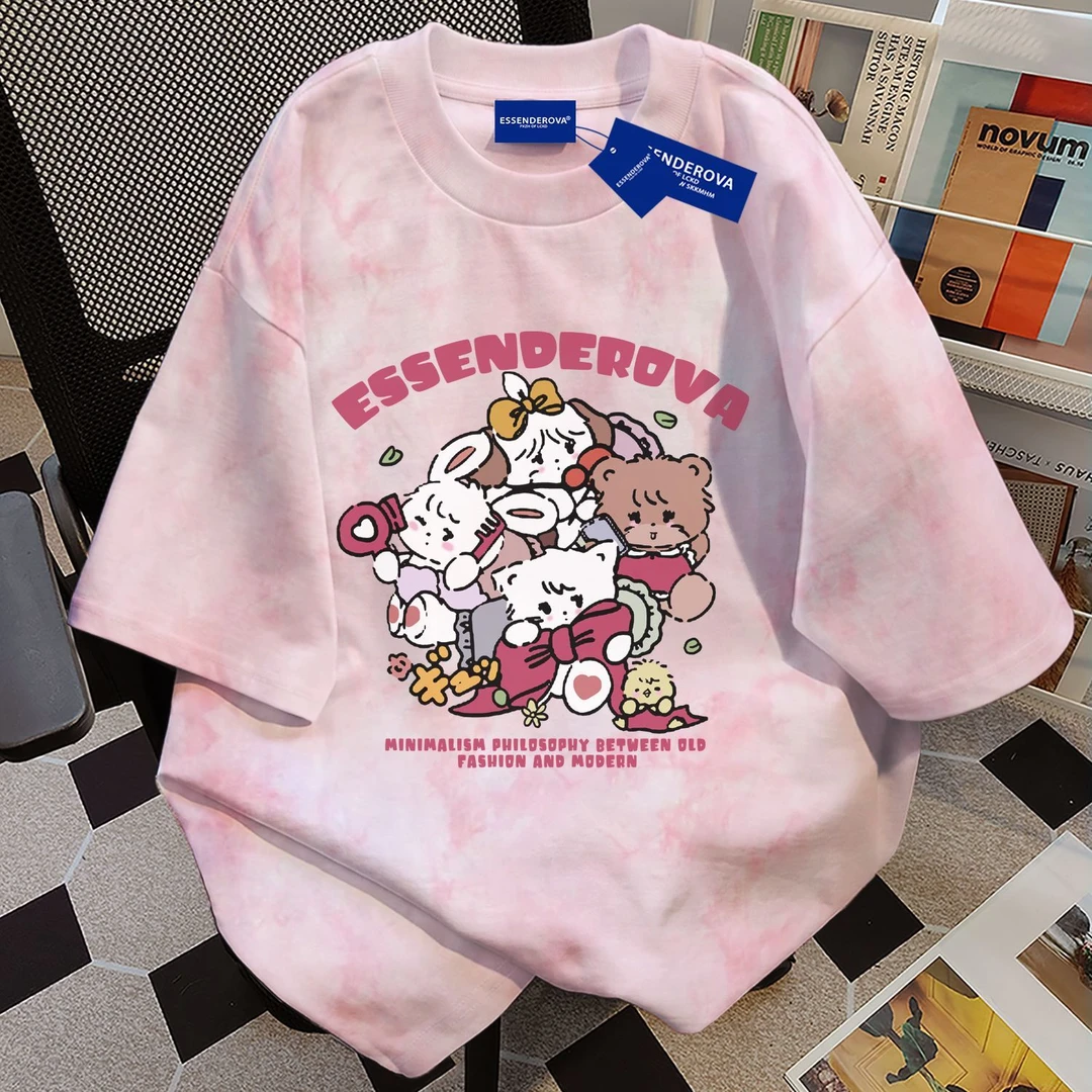 100%纯棉简约趣味设计感扎染短袖t恤男女夏季宽松圆领情侣上衣ins