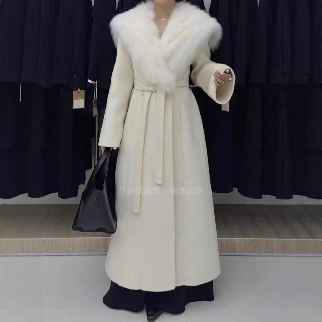 （上新）长款狐狸毛大毛领2025秋冬羊毛大衣韩版系带纯色毛呢外套女