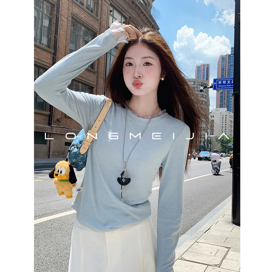 蓝色蕾丝长袖上衣女内搭2025早秋新款T恤巨好看修身打底衫