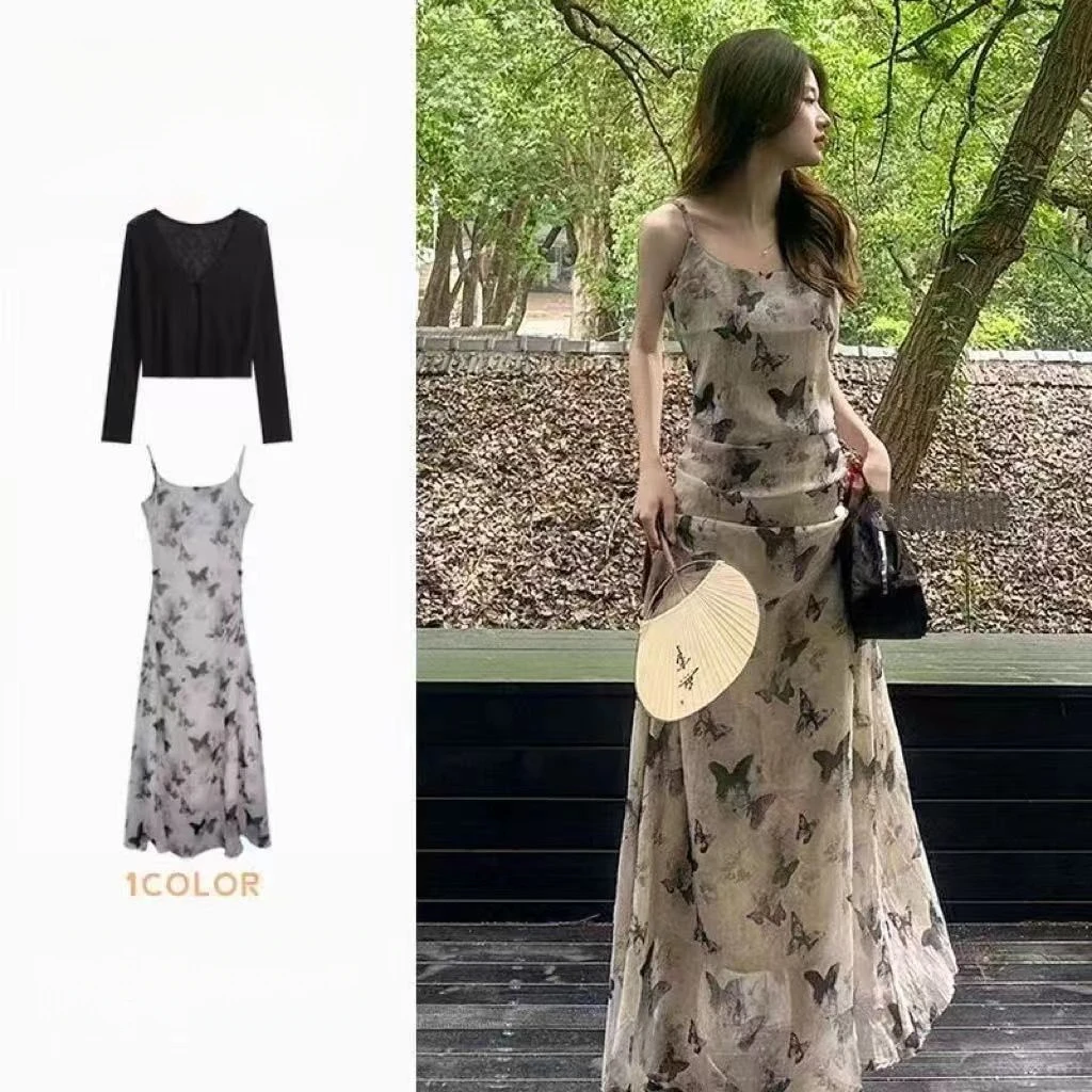 清冷水墨蝴蝶碎花吊带连衣裙女2025夏季新款法式别致绝美气质长裙
