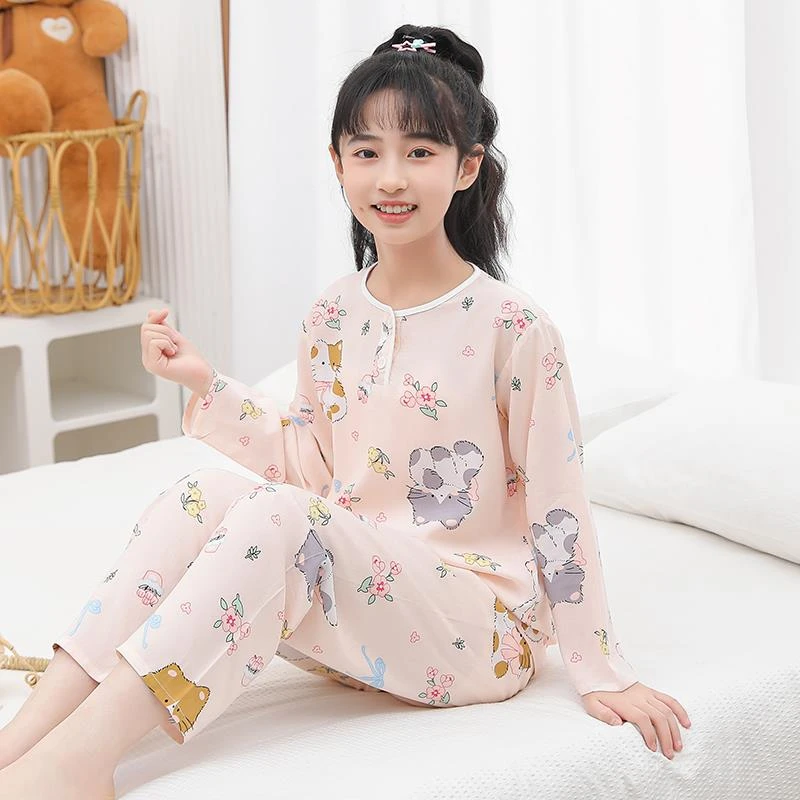 儿童棉绸睡衣女童2025新款夏季薄款长袖空调服女孩宝宝绵绸家居服