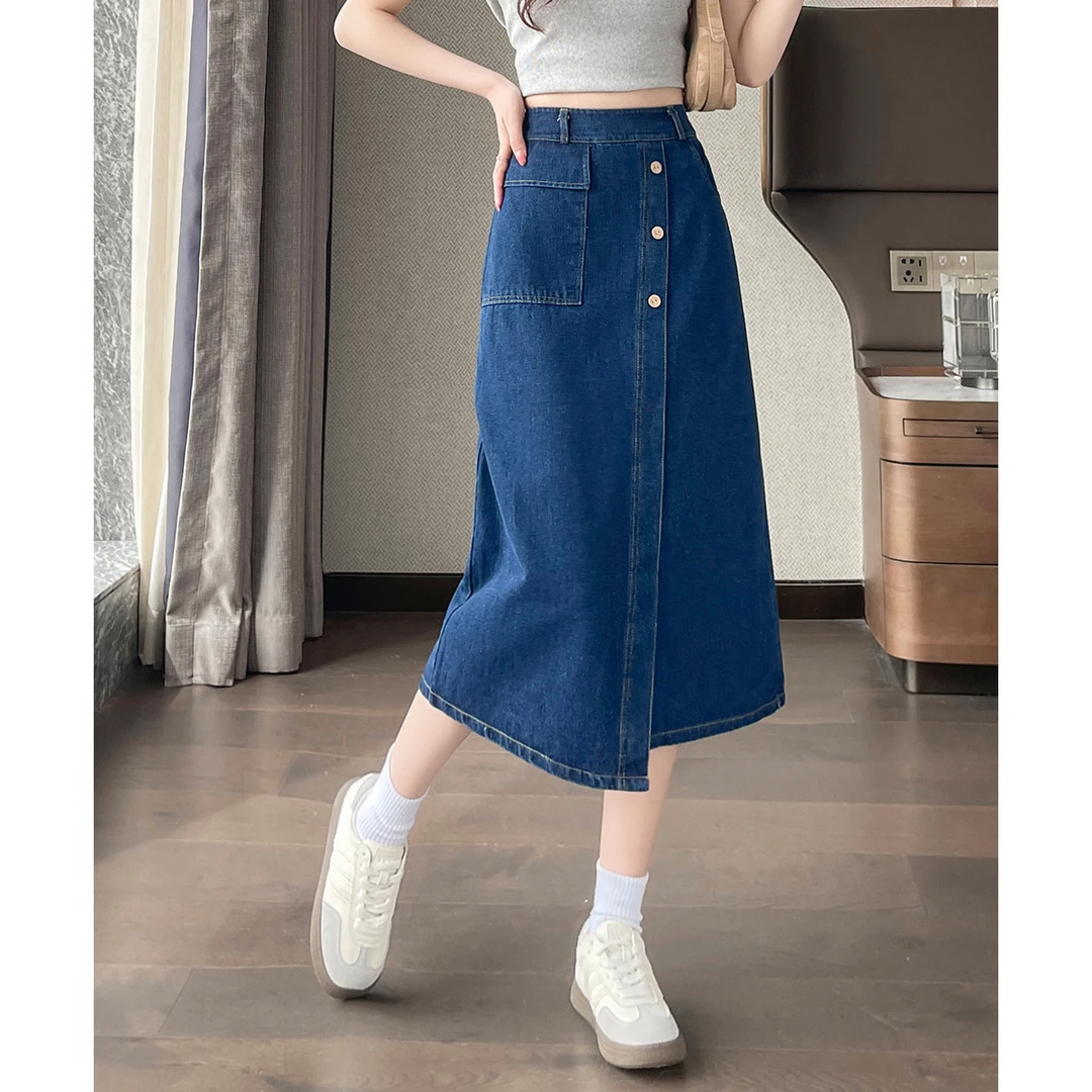 尚静街头风休闲户外简约牛仔半身裙2025夏季新款通勤松紧腰中长裙
