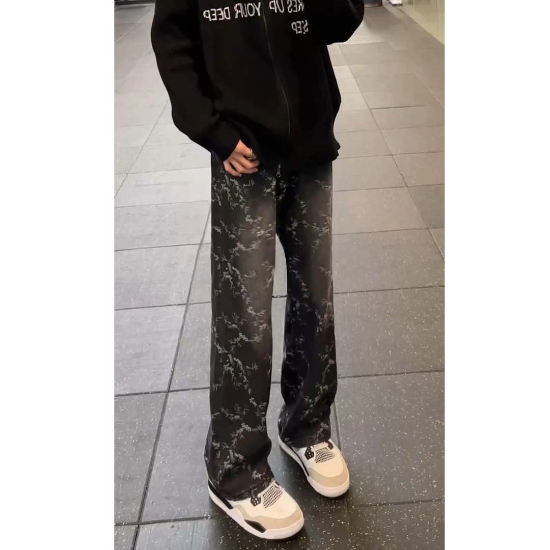 春季提花cleanfit高街百搭牛仔裤柳叶男款美式水洗直筒弯刀微喇裤