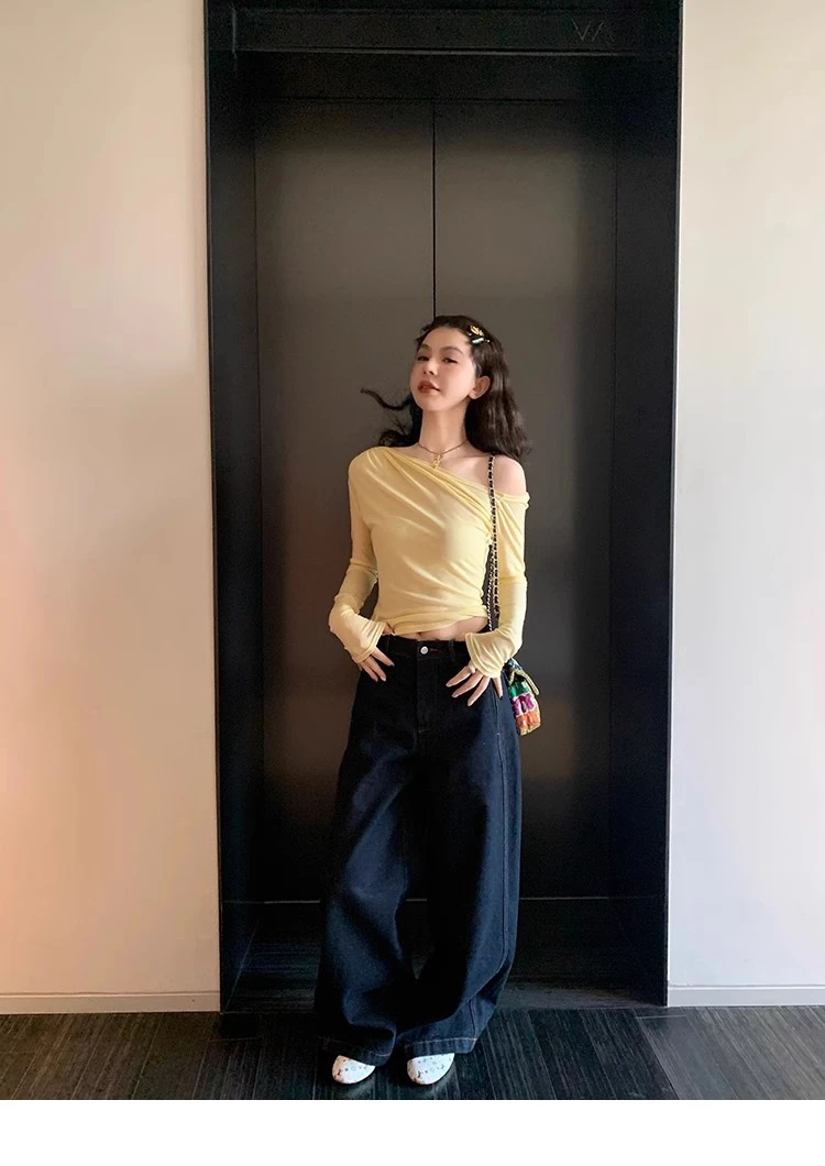 le rouge周美美 浅春邂诟慵懒扭结斜肩打底上衣