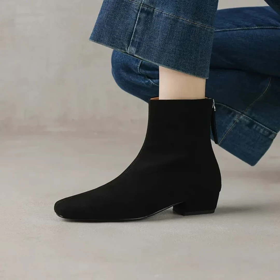 (万达撤柜）2025冬新款软皮反绒皮方头短靴女瘦瘦靴4.5