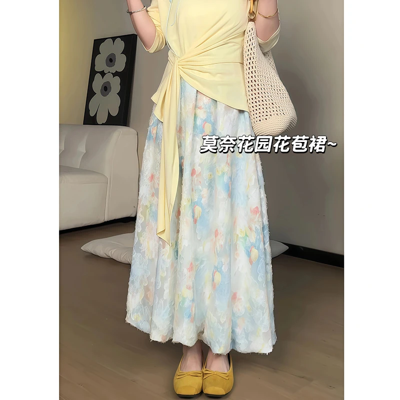 2025夏日罗曼莫奈花园法式度假风花苞裙碎花半身裙高腰显瘦长裙子