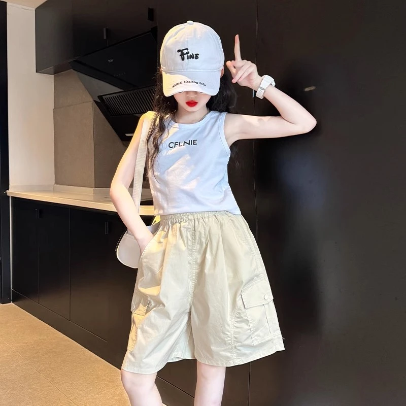 女童速干短裤夏薄款2025新款儿童工装五分裤夏装女孩大童运动套装