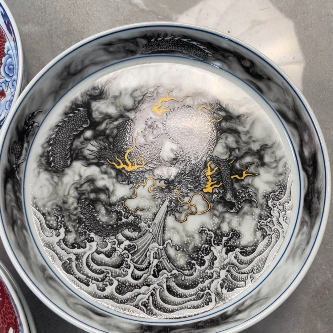 瓷片景德镇黑墨龙游海大壶承