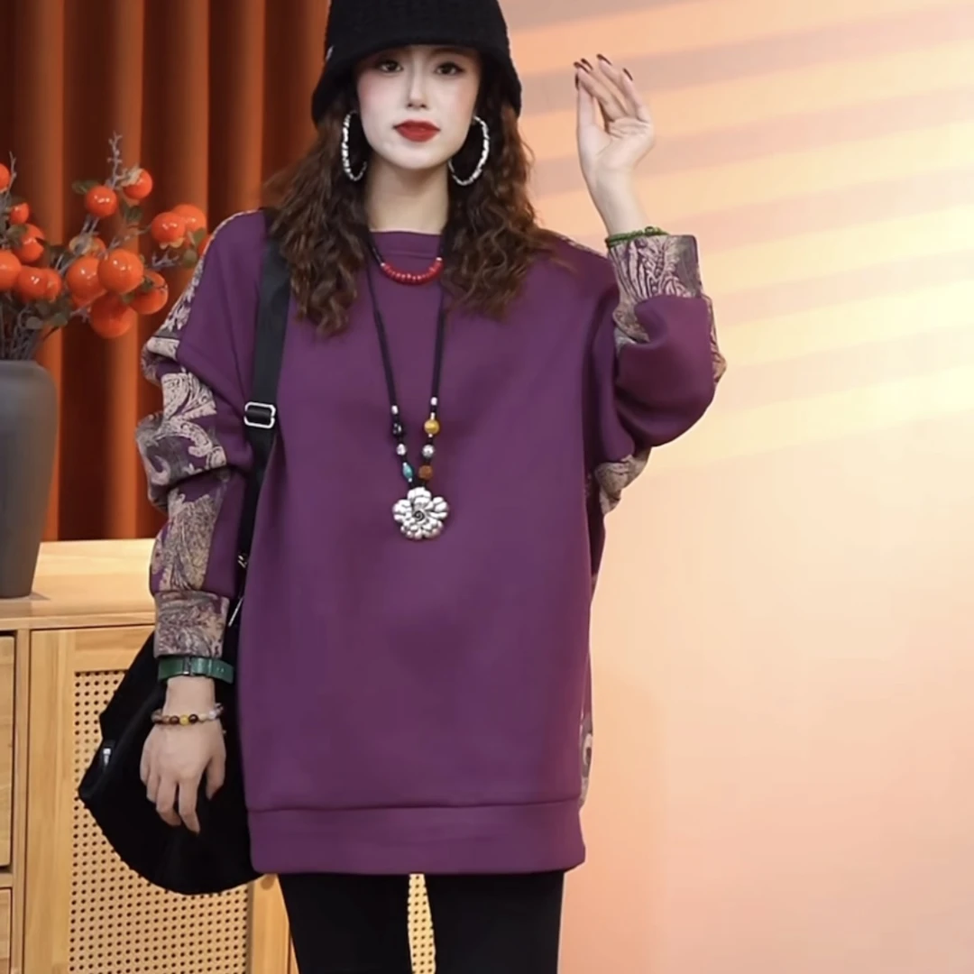 2025秋季新款印花国风撞色新中式保暖大版圆领女款长袖卫衣25861