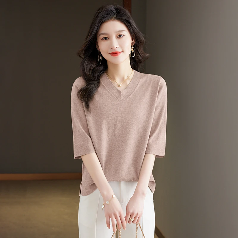 春秋季2025年新款女装毛衣五分袖针织打底衫中袖高级感领V领上衣