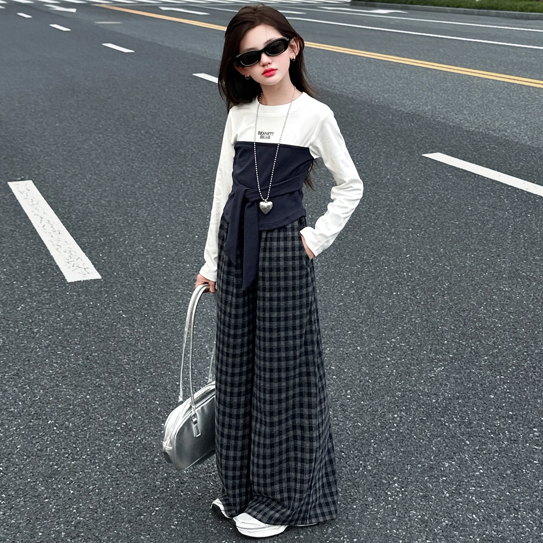 女童春秋季休闲套装2025新款女孩大童洋气秋装打底衫阔腿裤两件套