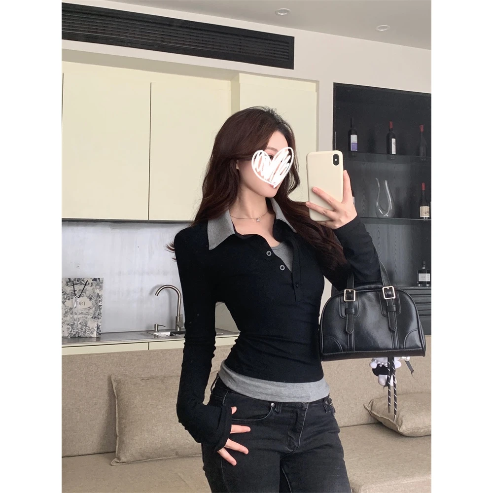 2025年假两件拼接撞色翻领长袖恤修身百搭显瘦打底衫上衣