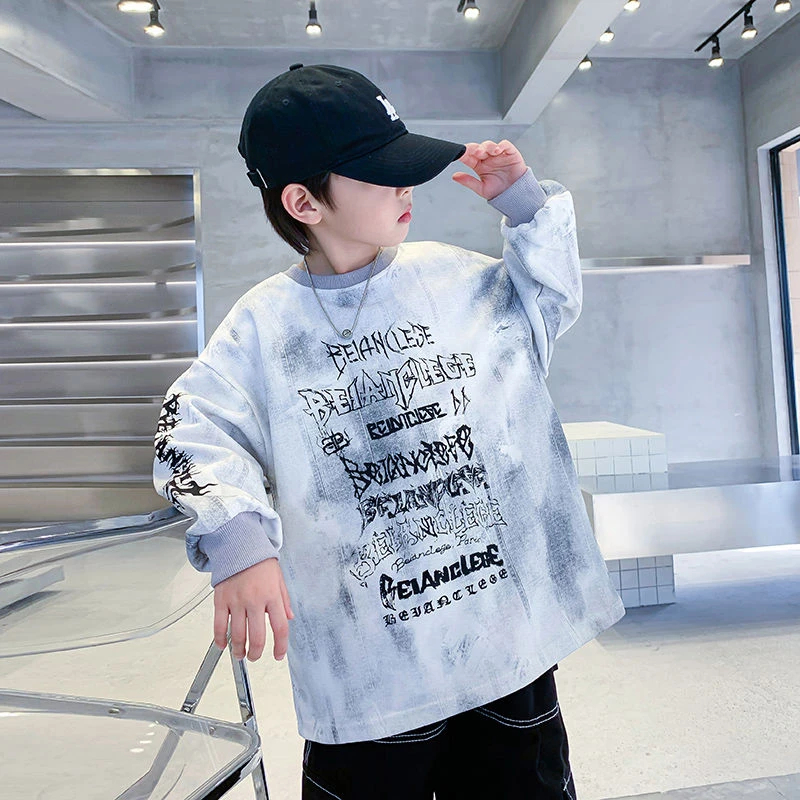 男童春秋扎染长袖宽松卫衣2025新款中大儿童男孩秋装酷帅薄款上衣