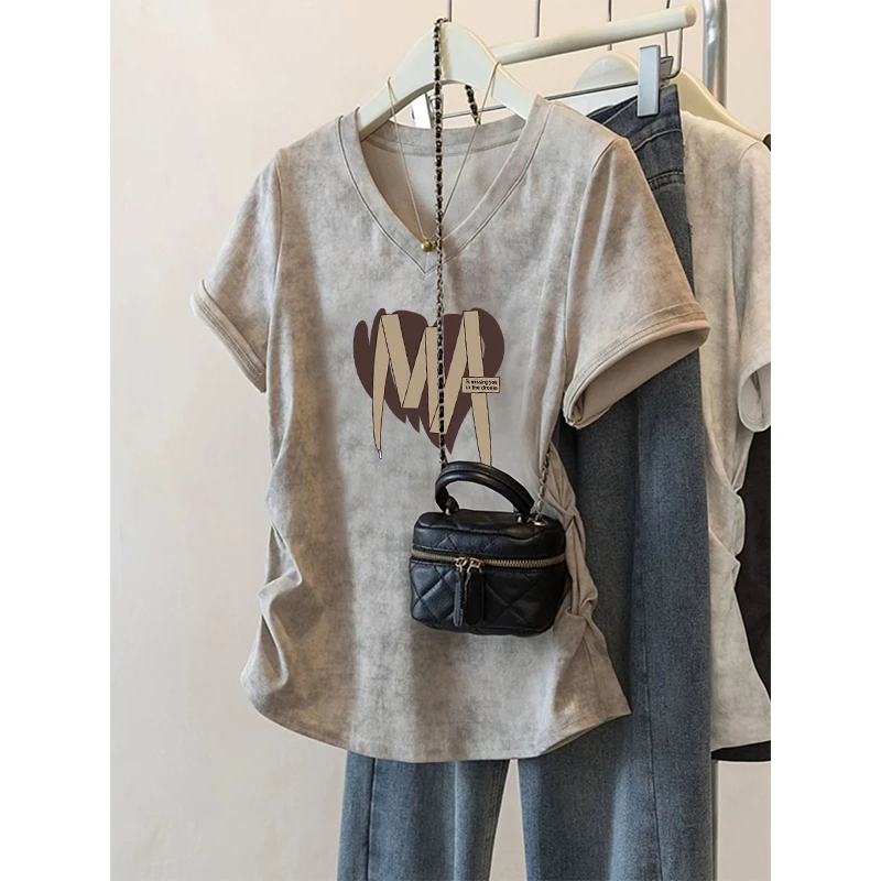 胖MM大码微胖正肩褶皱宽松印花T恤女减龄遮肚正肩显瘦短袖t恤女