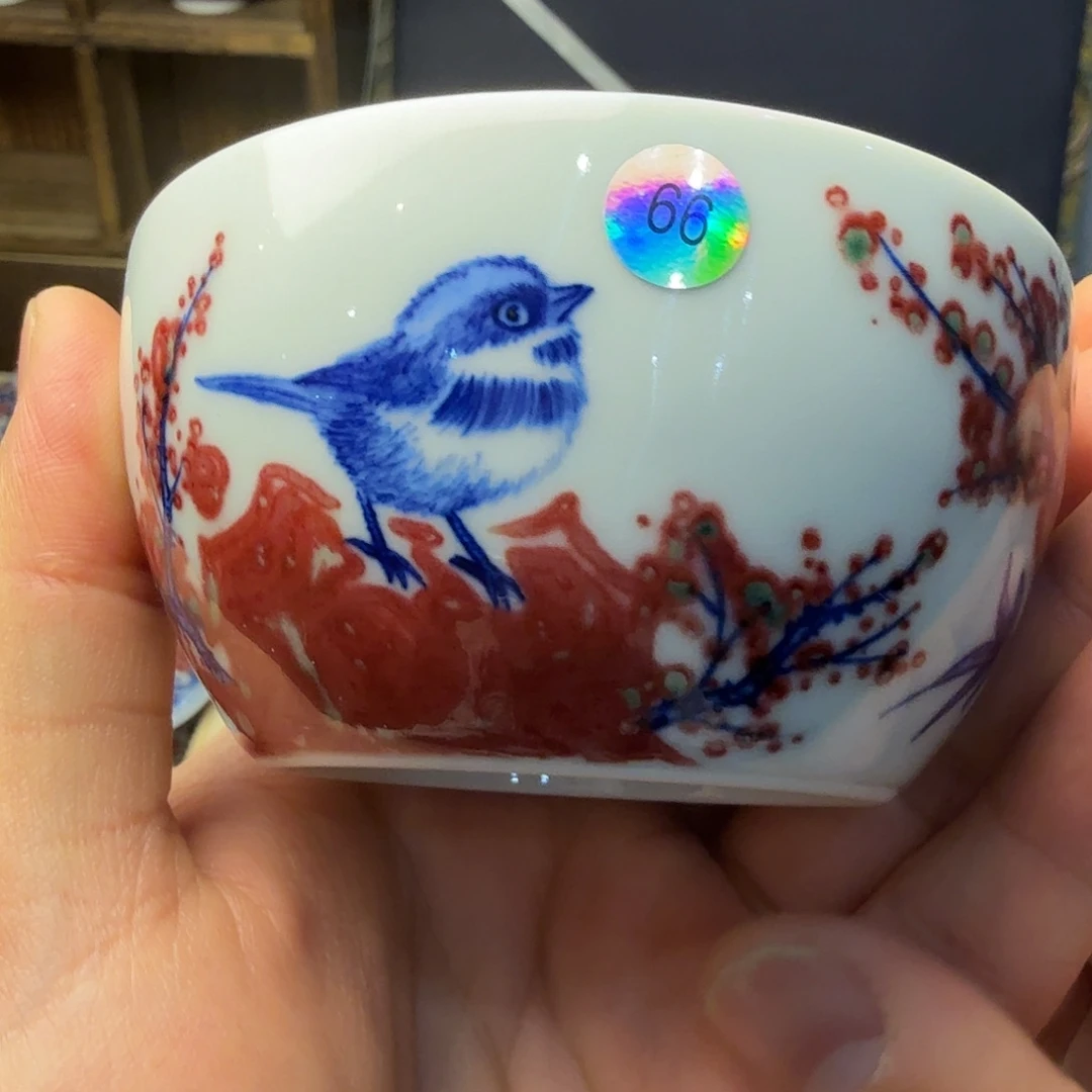 釉里红花鸟缸杯活动款